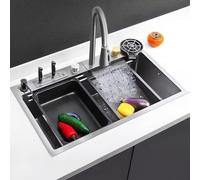 SQYHYTS Lavello da Cucina Moderno con Scarico Decentrato,Rubinetto Estraibile Bar Nero A Cascata Lavello da Incasso in Acciaio Inossidabile con Imbottitura Fonoassorbente per Caravan,68 * 45 * 23cm
