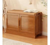 SQYHYTS Panca da Ingresso in bambù da 63cm Scarpiera A 2 Ripiani con Doppie Ante E Morbido Cuscino Sgabello per Camera da Letto Ai Piedi del Letto Panca Porta Scarpe per Ingresso,Tea Brown,76×33×49cm