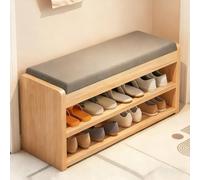 SQYHYTS Panca Porta Scarpe Da Ingresso Con Cuscino E Sgabello A 2 Ripiani Con Contenitore In Legno Massello Per Soggiorno, Colore Naturale, 100×30×45.5cm
