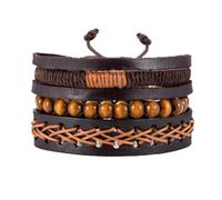 SREFGAS Bracciale in pelle marrone per uomo donna regolabile 18 cm perline di legno da polso gioielli da uomo braccialetti in corda intrecciata braccialetti Pulseras Para Hombres 1 set