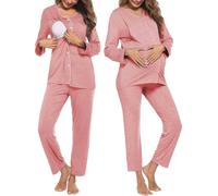 SRIWTDX Pigiama al Seno di maternità Set per Donne, Camicia A Maniche Lunghe A Strisce, Vestiti da Notte, Indumenti da Notte Infermieri per Ospedale,Rosa,L
