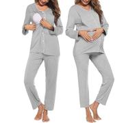 SRIWTDX Pigiama al Seno di maternità Set per Donne, Camicia A Maniche Lunghe A Strisce, Vestiti da Notte, Indumenti da Notte Infermieri per Ospedale,Grigio,L