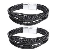 Srliya Bracciale in Pelle Intrecciata da 2 Pezzi, Bottone Magnetico, Gioielli Fatti a Mano per Lavoro, Viaggio, Feste, PU, lega di Zinco (Fibbia in lega bianca +)