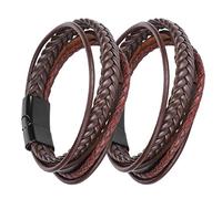 Srliya Bracciale in Pelle Intrecciata da 2 Pezzi, Bottone Magnetico, Gioielli Fatti a Mano per Lavoro, Viaggio, Feste, PU, lega di Zinco (Fibbia in lega nera + marrone)