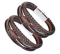 Srliya Bracciale in Pelle Intrecciata da 2 Pezzi, Bottone Magnetico, Gioielli Fatti a Mano per Lavoro, Viaggio, Feste, PU, lega di Zinco (Fibbia in lega bianca + marrone)