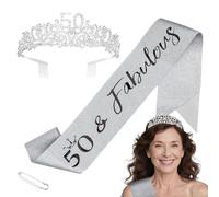 Srotmirw Set di 50 corone di compleanno, 1 corona d'argento con diamante bianco e cinturino di protezione per le donne alla festa di compleanno