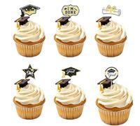 Srotmirw Topper per cupcake di laurea, 36 pezzi, nero e oro, 6 motivi, cappello da dottore, stella di laurea, decorazione per torte