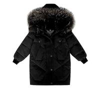 SRTUMEY Cappotti da ragazza, per bambini e ragazze, invernale, lungo, con cappuccio in pelliccia sintetica, piumino con cerniera e cappuccio antivento caldo in pile, Nero , 13-14 Years