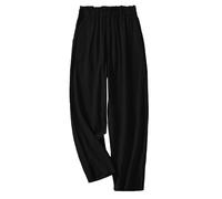 SRTUMEY Summer Womens Pull On Trousers Linen Pants Ladies Elastic High Waist Loose Slit Cropped Pants with Pockets Running Women Pants Soft Pants