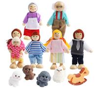 SRunDe 12 Pezzi Bambole per Casa Delle Bambole, Felice Famiglia di Bambole di Legno Set con Gatto e Cane, Casa Delle Bambole Persone Famiglia per casa delle bambole Playset accessori regalo