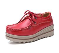 SRUQ Mocassini Donna in Pelle Stringate Espadrillas Basse Eleganti Classico Loafers Scarpe da Passeggio con Zeppa (Rosso, Numeric_37)