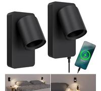 SSC-LUXon NERU - Lampada da parete Scandi, 2 pezzi, colore nero, girevole, per camera da letto, con connettore USB, interruttore della luce, attacco GU10