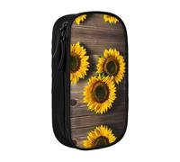 SSIMOO Astuccio con tre girasoli su tessuto Oxford in legno, con cerniera, ideale per viaggi, bello e funzionale