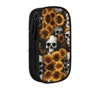 SSIMOO Astuccio con tre girasoli su tessuto Oxford in legno, con cerniera, ideale per viaggi, bello e funzionale, Teschio di Halloween Girasole 2, Taglia unica