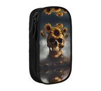 SSIMOO Astuccio con tre girasoli su tessuto Oxford in legno, con cerniera, ideale per viaggi, bello e funzionale, Teschio di Halloween Girasole 1, Taglia unica