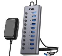 SSK Hub USB 3.0 alimentato a 10porte, splitter di estensione USB in alluminio con interruttori e LED individuali, hub di ricarica USB a 5 Gbps di dati con adattatore DC12V5A e cavo da 3,93 piedi