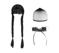 SSKHE 3 Pezzi di Parrucca Nera per Donne e Bambini, Accessorio per Cosplay di mercoledì Addams, Parrucca per Costume di Halloween, Design Intrecciato, Accessori per Feste