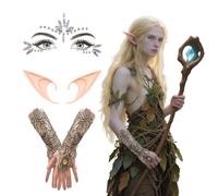 SSKHE 3 Pezzi Orecchie da Elfo Costume Kit, Accessori Rinascimentali,Adesivi per Il Viso,Orecchio con Guanti di Pizzo, Accessori Foresta per Halloween Cosplay