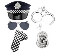 SSKHE Confezione da 5 accessori per costume della polizia, tra cui cappello da poliziotto, manette in metallo e distintivo della polizia, occhiali da sole neri, cravatta a quadri, costume da