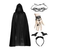 SSKHE Costume da vampiro, 4 pezzi, da donna, con mantello nero da 120 cm, fascia cornuta, maschera per gli occhi e braccialetto, perfetto per Halloween, feste e cosplay