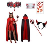SSKHE Costume diavolo da donna con mantello per carnival, Halloween Devil Cape Red Hooded Cape Headband Devil Horns Gothic Devil Chain Tattoo Devil Costume Accessory, Carnival Fancy Dress Theme Party