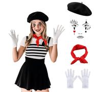 SSKHE Pantomime Costume da donna Carnival Pantomime Costume Black Beret Hat Red Cloths White Gloves Face Tattoo Women Men Fancy Dress Costumes Carnival Theme Party