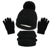 SSKHE Sciarpa per cappello invernale per bambini e set di guanti,Pom Bobble Hat Knitted Warmth Crochet Thick Fluffy Scarf Two Fingers Touch Screen Gloves Set for Boys and Girls 2-8(Black)
