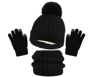 SSKHE Sciarpa per cappello invernale per bambini e set di guanti,Pom Bobble Hat Knitted Warmth Crochet Thick Fluffy Scarf Two Fingers Touch Screen Gloves Set for Boys and Girls 2-8(Black)