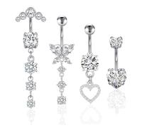SSKHE Set 4 Pezzi Piercing Ombelico in Acciaio Inox 316L - Gioielli Cuore Farfalla Con Diamante - Lungo Barbell per Donne