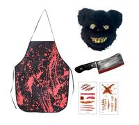 SSKHE Set costume da macellaio horror da orso, per uomini e donne, include mannaia finta, grembiule insanguinato, tatuaggi cicatrici e maschera da orso nero, perfetto per Halloween, giorno dei morti