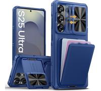 SSLOTSCASE Custodia per Samsung Galaxy S25 Ultra con supporto e porta carte di credito e custodia per fotocamera scorrevole, custodia protettiva integrale in morbido silicone TPU a prova di caduta,
