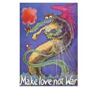 SSOPTMCB Bohemian Dragon Poster, Make Love Not War Inspirational Quote Art, Dragon with Lily Flower Print for Meditation Space(Framed,12x18inch(30x45cm))