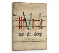 SSOPTMCB Eat Sleep Ski Repeat Canvas Painting - Rustic Winter Sport Art with Ski Sleighs, Farmhouse Vintage Poster for Home, Bedroom, and Ski Resort Decor(Framed,16x24inch(40x60cm))