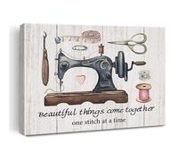 SSOPTMCB Farmhouse Sewing Room Wall Art, Retro Sewing Machine Canvas with Beautiful Things Come Together Quote, Inspirational Tabletop Decor for Home(Unframed,12x18inch(30x45cm))