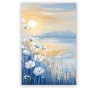 SSOPTMCB Ocean Sunset Seascape Canvas Print - Blue Coastal Painting with Wildflowers for Bathroom Wall Art Decor, Abstract Nature Landscape(Unframed,08x12inch(20x30cm))