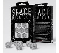 Q-Workshop - Set di dadi spaziali Apollo RPG ispirati all'Apollo della NASA, bianco scintillante con incisioni nere, perfetti per giochi da tavolo e giochi di ruolo, 7 dadi poliedrici (D4, D6, D8,