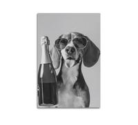 SSXAQWEE Stampa artistica da parete su tela con immagine di Beagle che tiene champagne, in bianco e nero, decorazione moderna per camera da letto, 50 x 75 cm