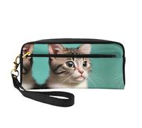 SSYGHT A Curious Cat Print - Piccola trousse da viaggio in pelle con stampa di gatto, borsa da viaggio per donne, trousse per cosmetici riutilizzabile con cerniera, nero, Taglia unica