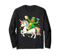 St Patrick’s Day Leprechaun Riding Unicorn Rainbow Clover Maglia a Manica