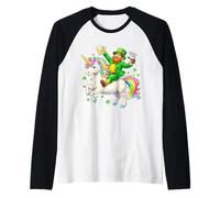 St Patrick’s Day Leprechaun Riding Unicorn Rainbow Clover Maglia con Maniche Raglan