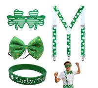 St. Patrick’s Day Outfit Accessories Set - Clover Glasses, Green Suspenders with White Clover Leaves, Clover Bracelet, and Gold Clover Bowtie, Perfect for Parties and Celebrations