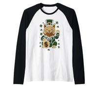St Patrick's Day Cat Statue Lucky Clover Charm Adult Kids Maglia con Maniche Raglan
