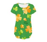St Patrick's Day - Costume da donna con scollo a V, maniche corte, stampa grafica e foglie verdi, top fluente con bottoni, stampa floreale casual, Celeste., L