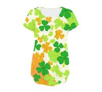 St Patrick's Day - Costume da donna con scollo a V, maniche corte, stampa grafica e foglie verdi, top fluente con bottoni, stampa floreale casual, Azzurro, M