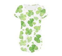 St Patrick's Day - Costume da donna con scollo a V, maniche corte, stampa grafica e foglie verdi, top fluente con bottoni, stampa floreale casual, beige., XXL