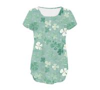 St Patrick's Day - Costume da donna con scollo a V, maniche corte, stampa grafica e foglie verdi, top fluente con bottoni, stampa floreale casual, Viola chiaro, XL