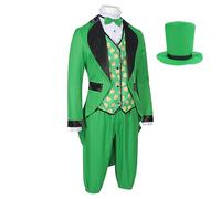 St Patricks Day Costume, Men Leprechaun Outfit Suit, Classic Green Adult Costume with Hat Beard Buckle Accessories, 1 Set Party Wear for Birthday Celebrations Stage Shows Cosplay