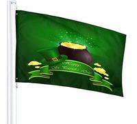 St. Patrick's Day Flag Decor 3x5 Ft Hat Pot con Leprechaun Nastro d'oro Moneta Portafortuna Poliestere Motivo stampato Decorazioni per esterni per case e giardini