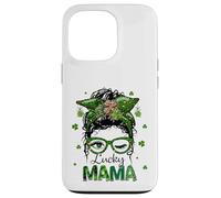 St Patrick's Day Leopard Lucky Mama Messy Bun Shamrock Green Custodia per iPhone 13 Pro