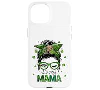 St Patrick's Day Leopard Lucky Mama Messy Bun Shamrock Green Custodia per iPhone 15